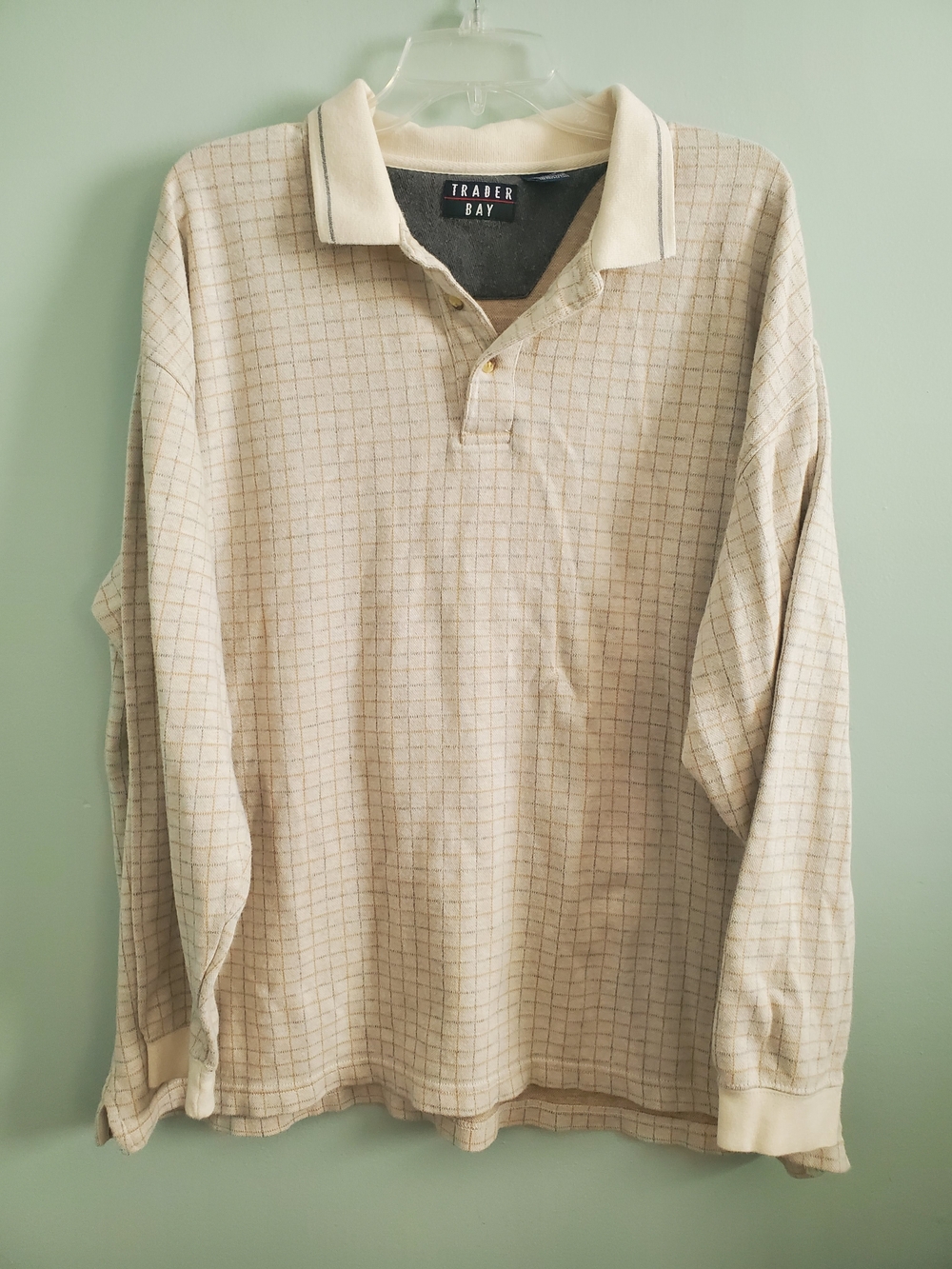 Trader Bay Men's Long-Sleeve Cream Check Polo Shirt